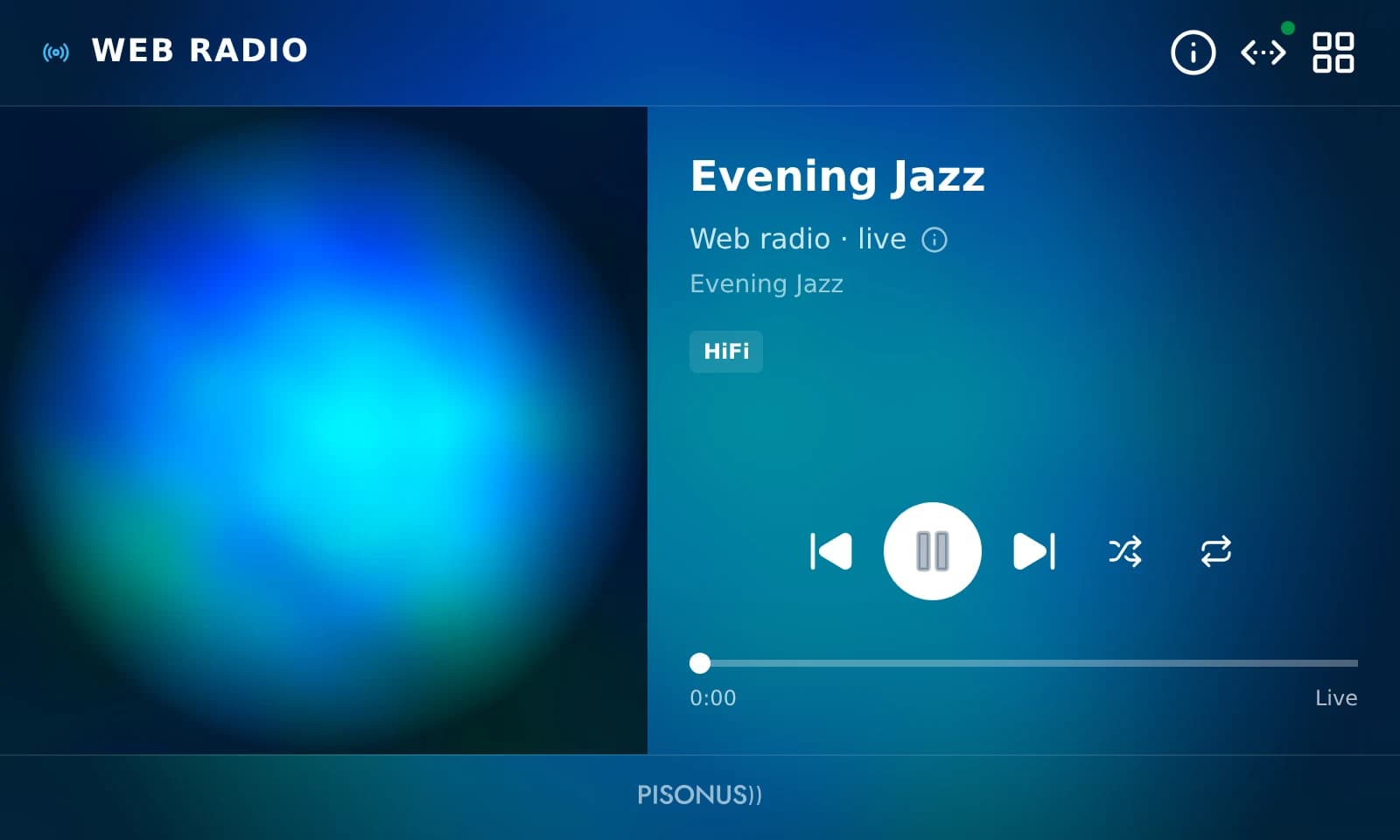 The player on the 4-inch touchscreen, playing a web radio station