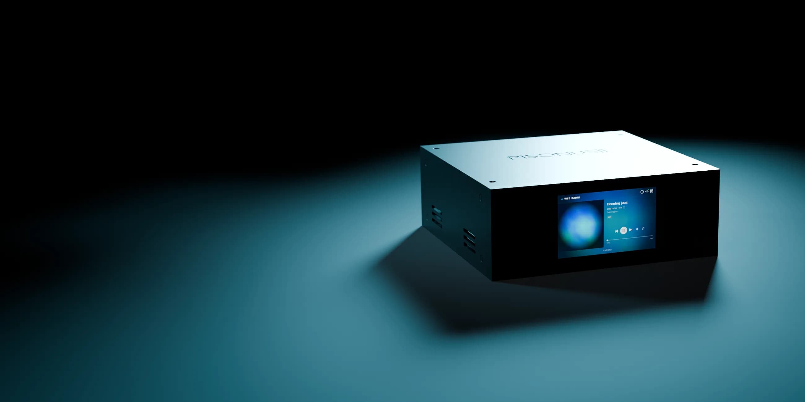 The PISONUS case at night, its touchscreen playing a web radio station