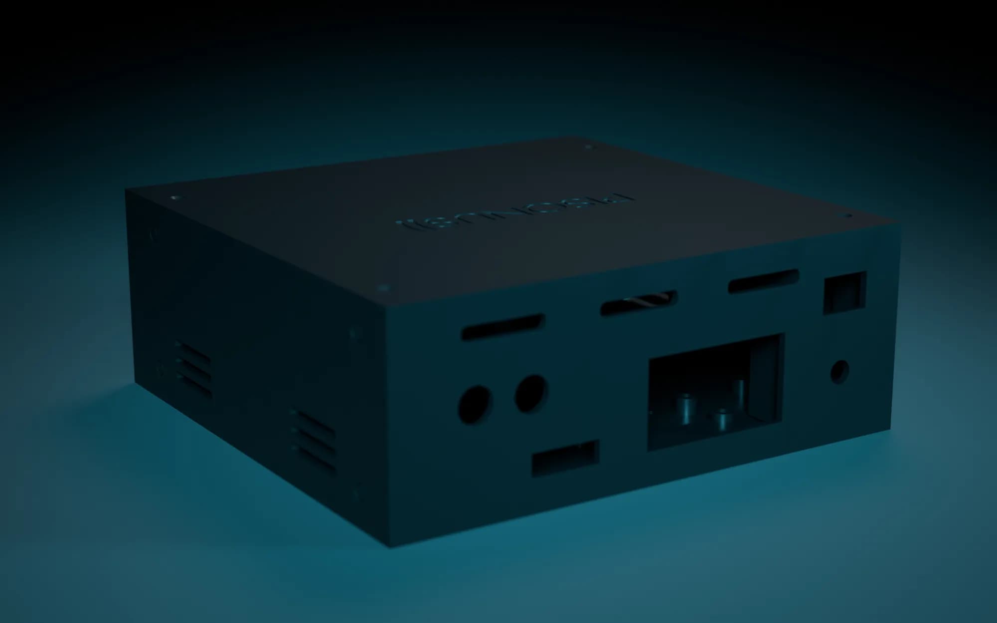 From the back: RCA outputs, power and the Pi's ports