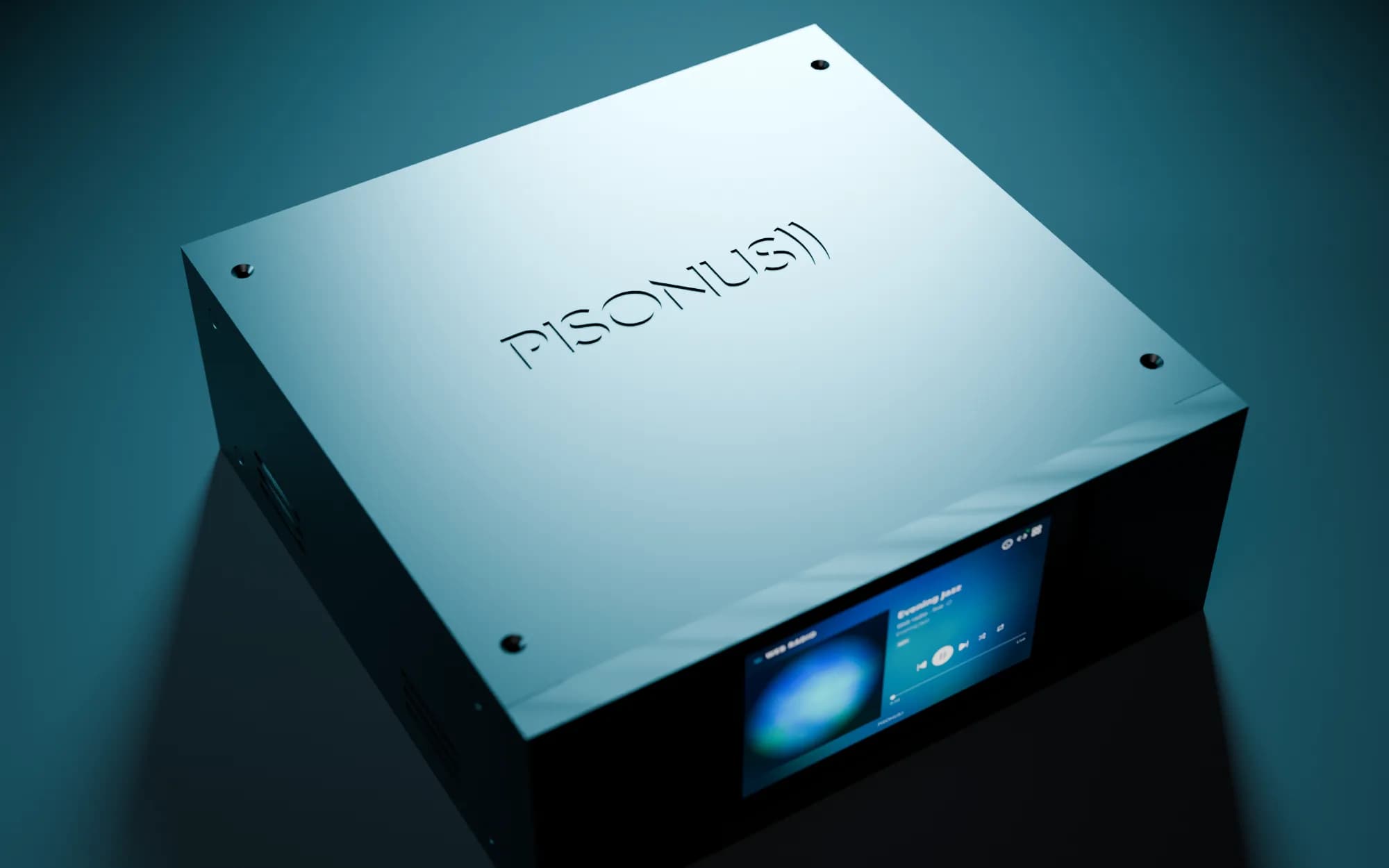 The PISONUS case from above: the PISONUS logo engraved in its lid, the player on its screen