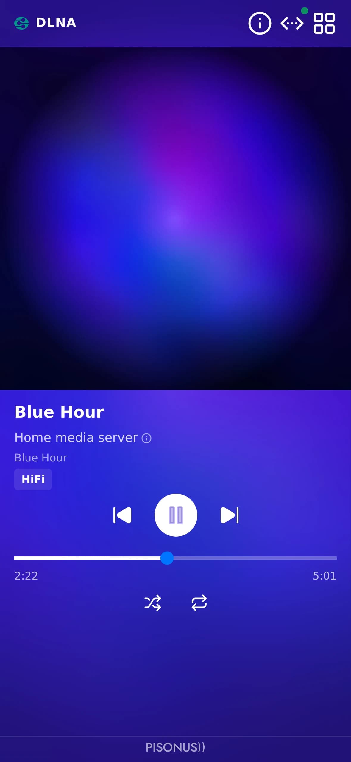 The player on a phone, playing an album from a media server at home